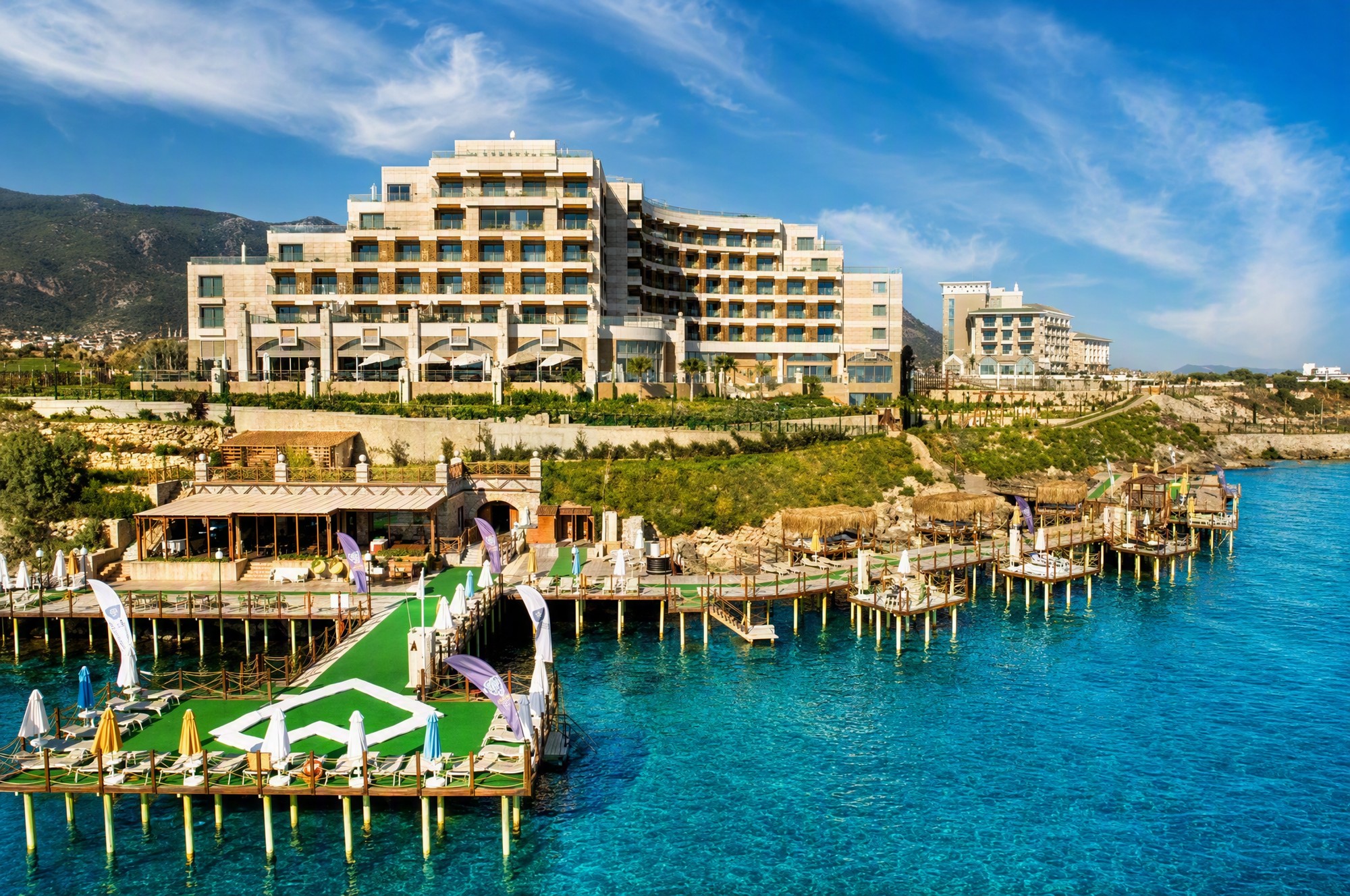 Sardunya Bay resort terrace and pier over the Mediterranean